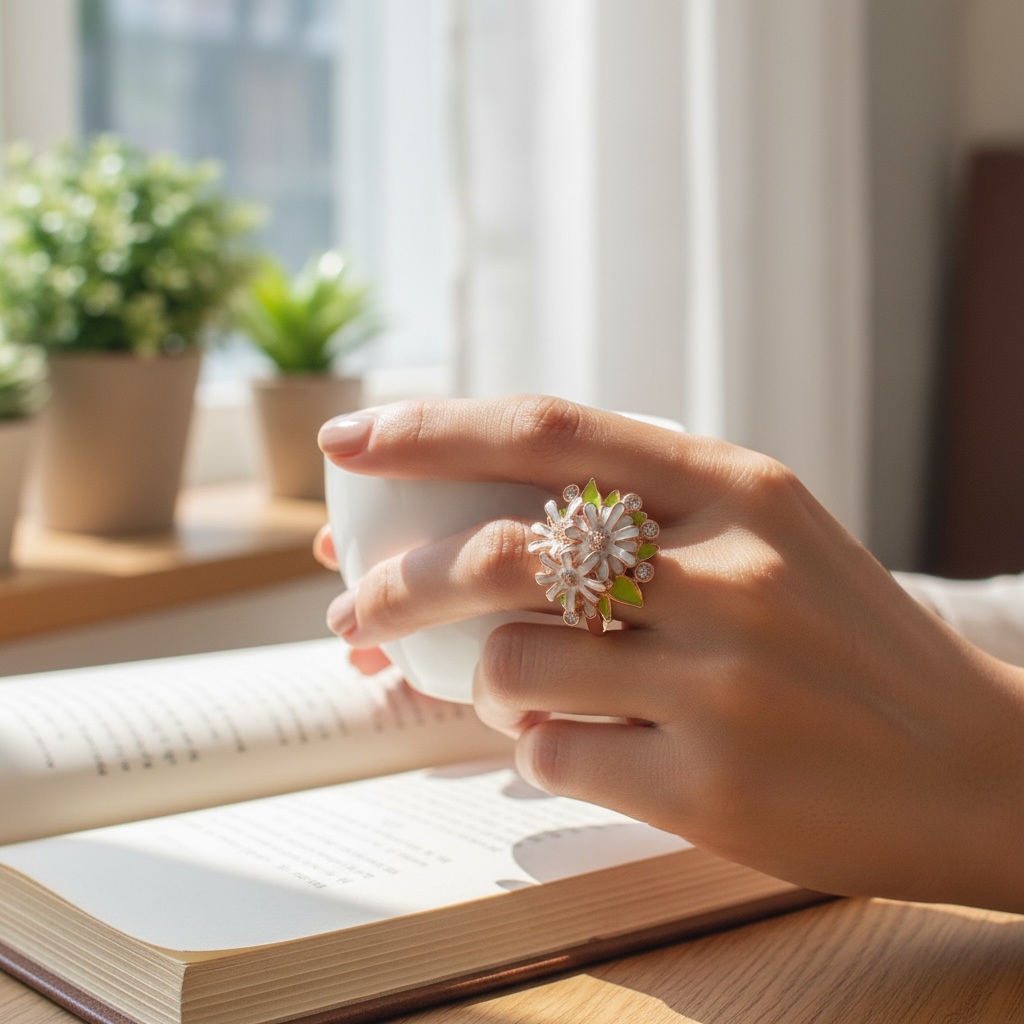 Rose Gold Enamel Flower Cocktail Ring : SKU-P-RG05