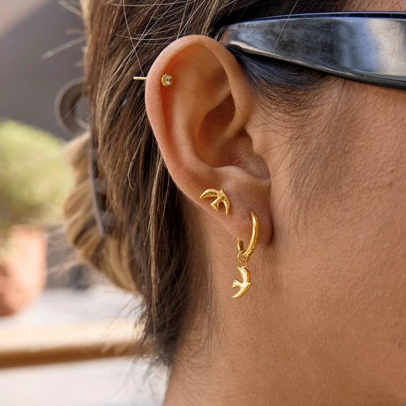 18K Gold Plated Anti-Tarnish Bird Charm Ear Stack Hoop Earrings : EAR-893