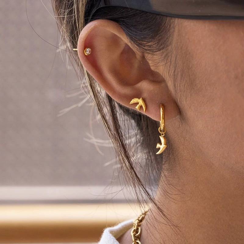 18K Gold Plated Anti-Tarnish Bird Charm Ear Stack Hoop Earrings : EAR-893