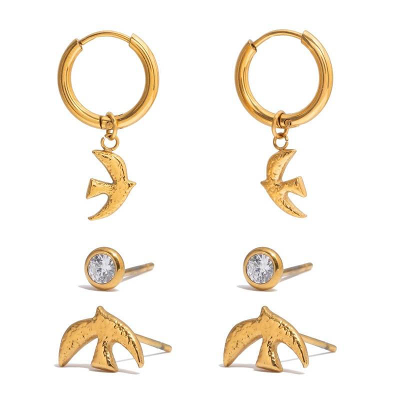 18K Gold Plated Anti-Tarnish Bird Charm Ear Stack Hoop Earrings : EAR-893