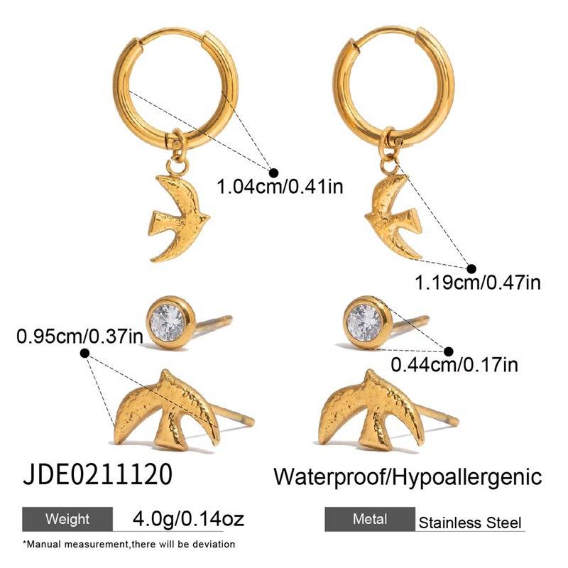 18K Gold Plated Anti-Tarnish Bird Charm Ear Stack Hoop Earrings : EAR-893