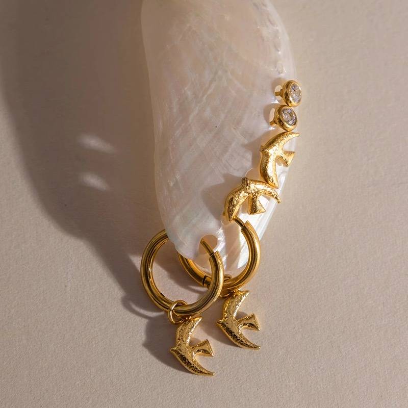 18K Gold Plated Anti-Tarnish Bird Charm Ear Stack Hoop Earrings : EAR-893