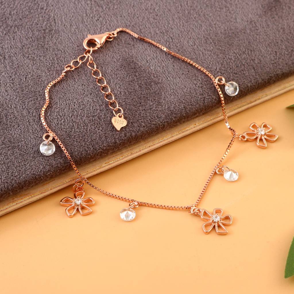 Rose Gold Flower Charm Bracelet | Dainty Floral Cz Drop Bracelet | Sterling Silver Jewelry For Women : ZIRAK-Bracelet-073