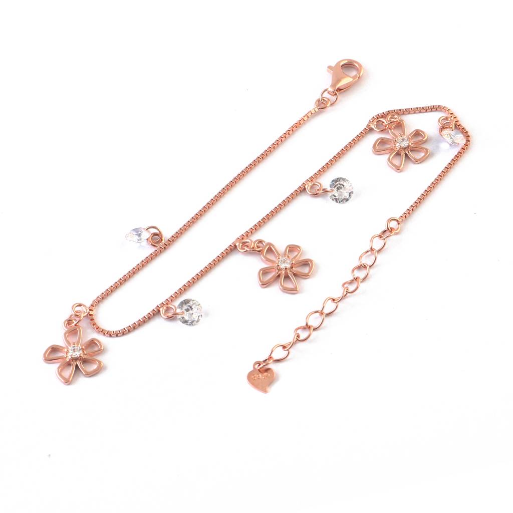 Rose Gold Flower Charm Bracelet | Dainty Floral Cz Drop Bracelet | Sterling Silver Jewelry For Women : ZIRAK-Bracelet-073