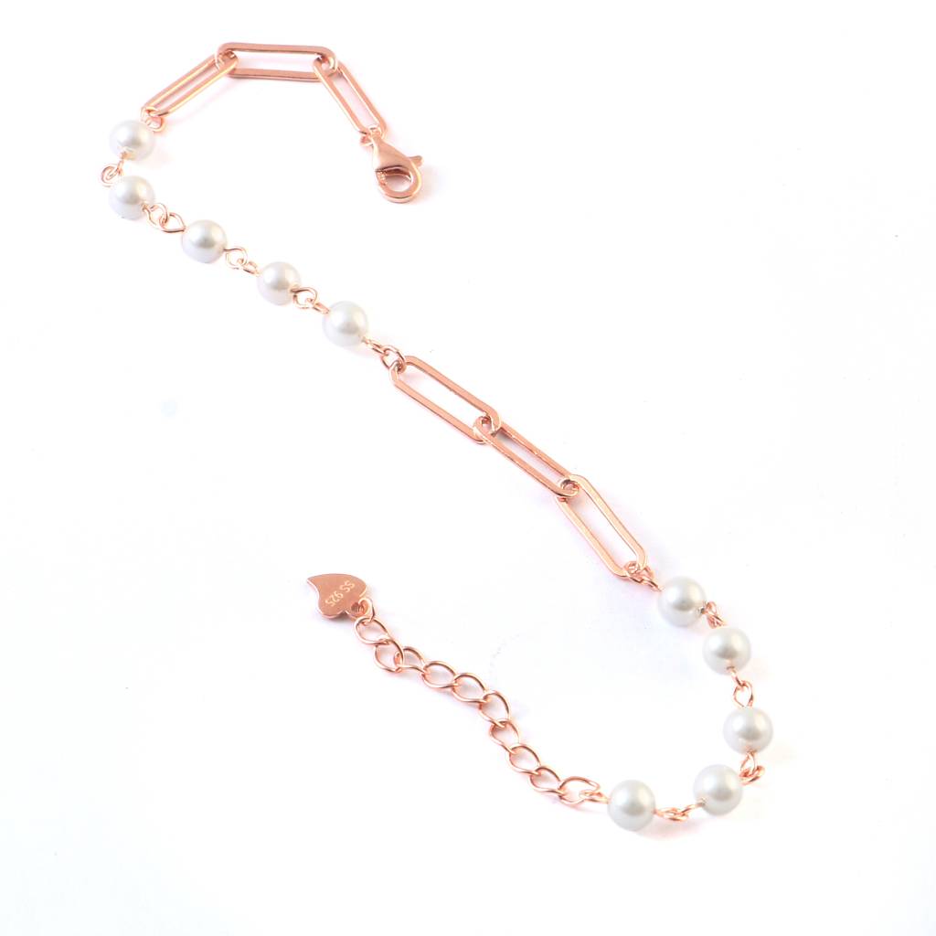 Rose Gold Pearl Chain Bracelet | Modern Link & Pearl Bracelet | 925 Silver Jewelry For Women : ZIRAK-Bracelet-077