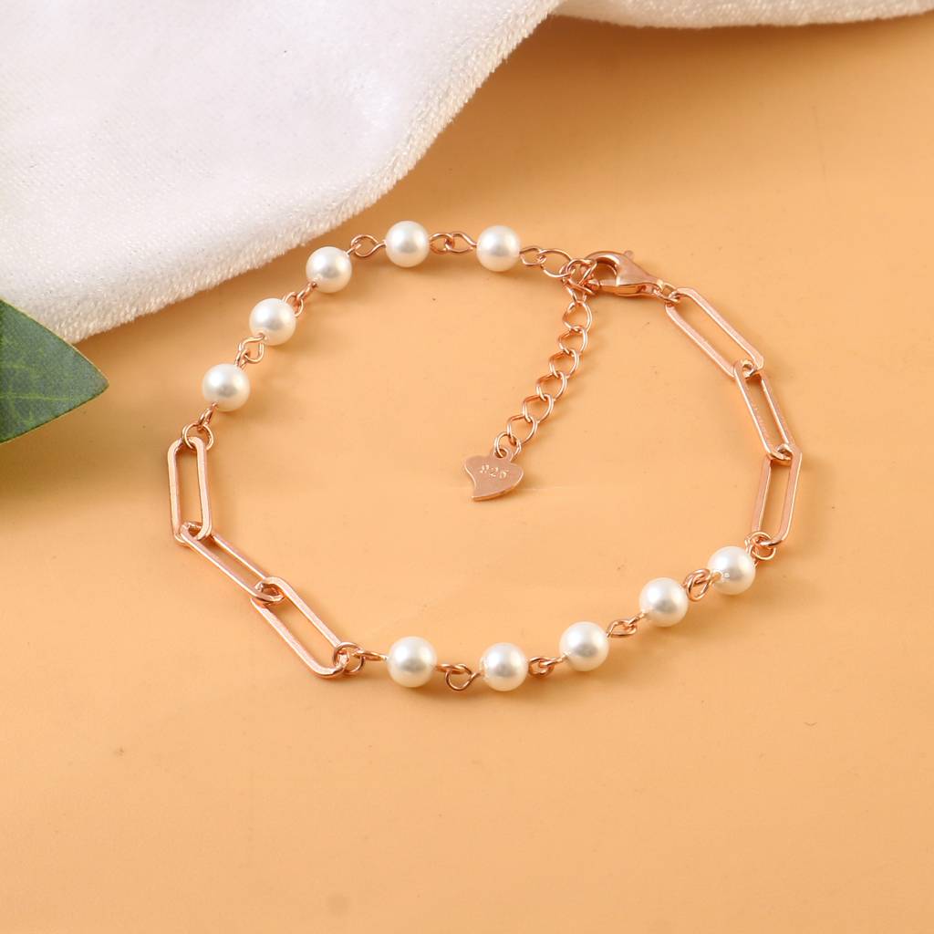 Rose Gold Pearl Chain Bracelet | Modern Link & Pearl Bracelet | 925 Silver Jewelry For Women : ZIRAK-Bracelet-077