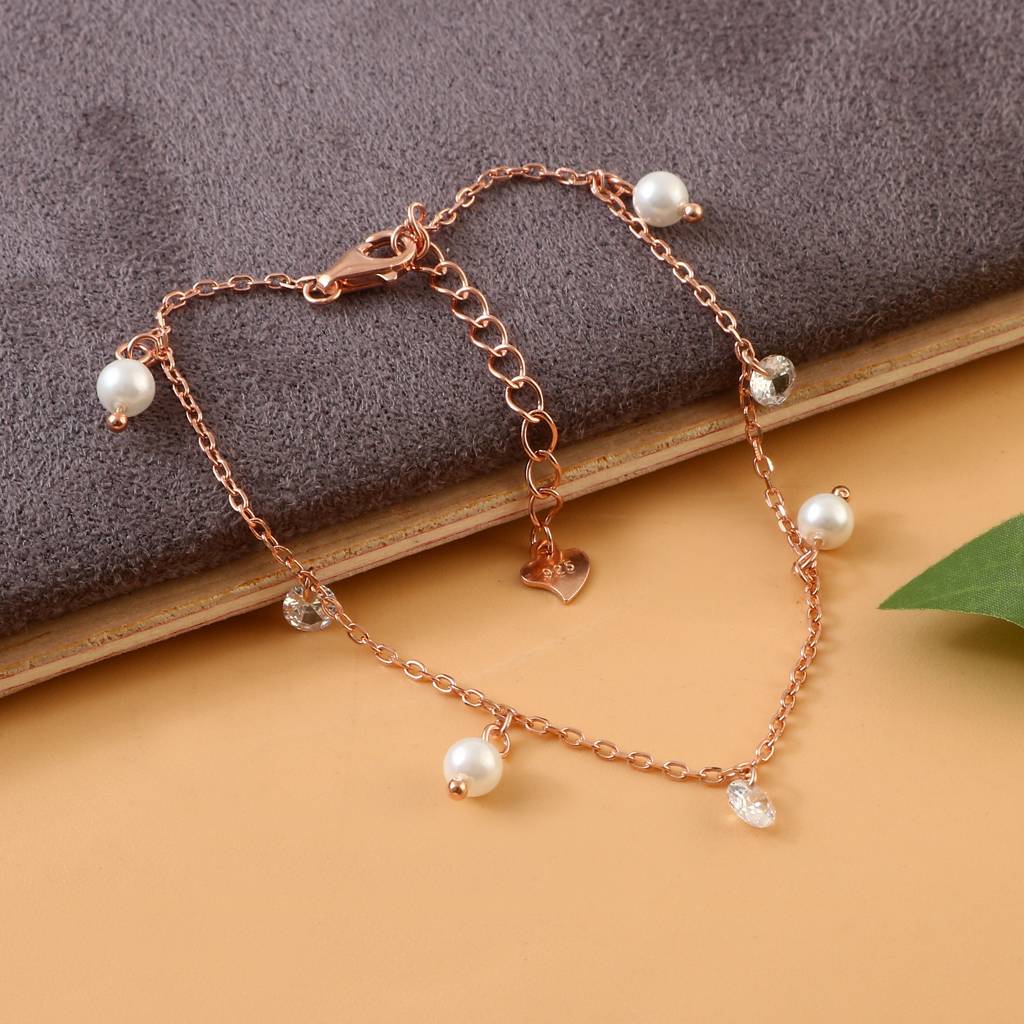 Rose Gold Pearl & Cz Dangle Bracelet | 925 Silver Chain Bracelet | Elegant Minimal Jewelry For Women : ZIRAK-Bracelet-080