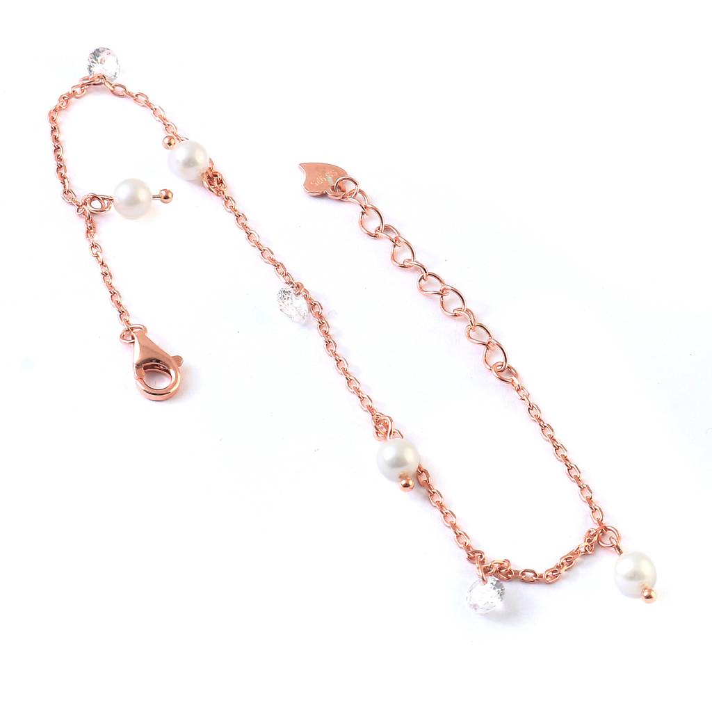 Rose Gold Pearl & Cz Dangle Bracelet | 925 Silver Chain Bracelet | Elegant Minimal Jewelry For Women : ZIRAK-Bracelet-080