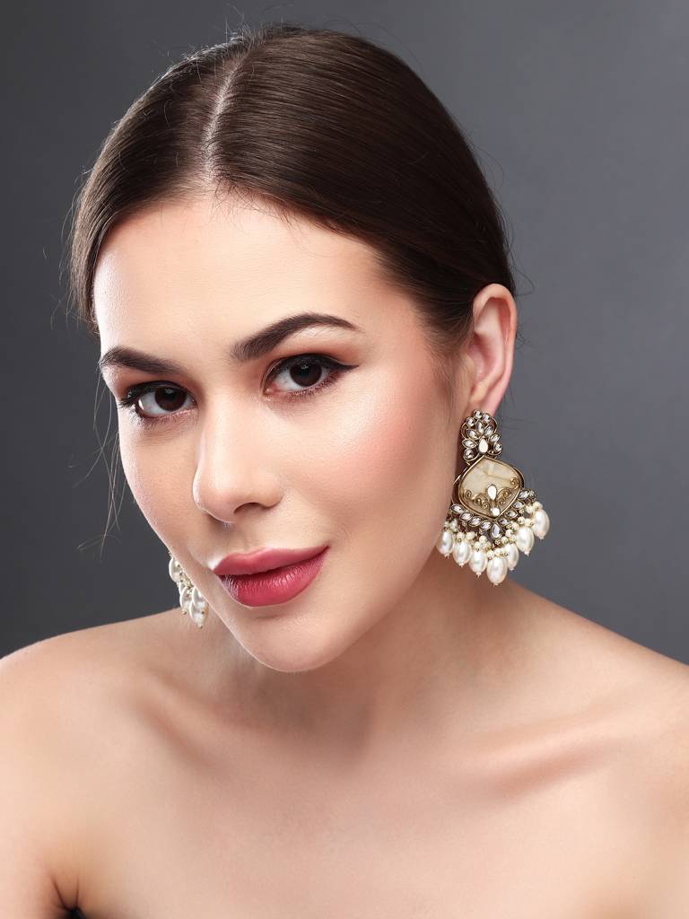 Antique Finish Pearl Fringe Statement Earrings : S24FAER237WHT