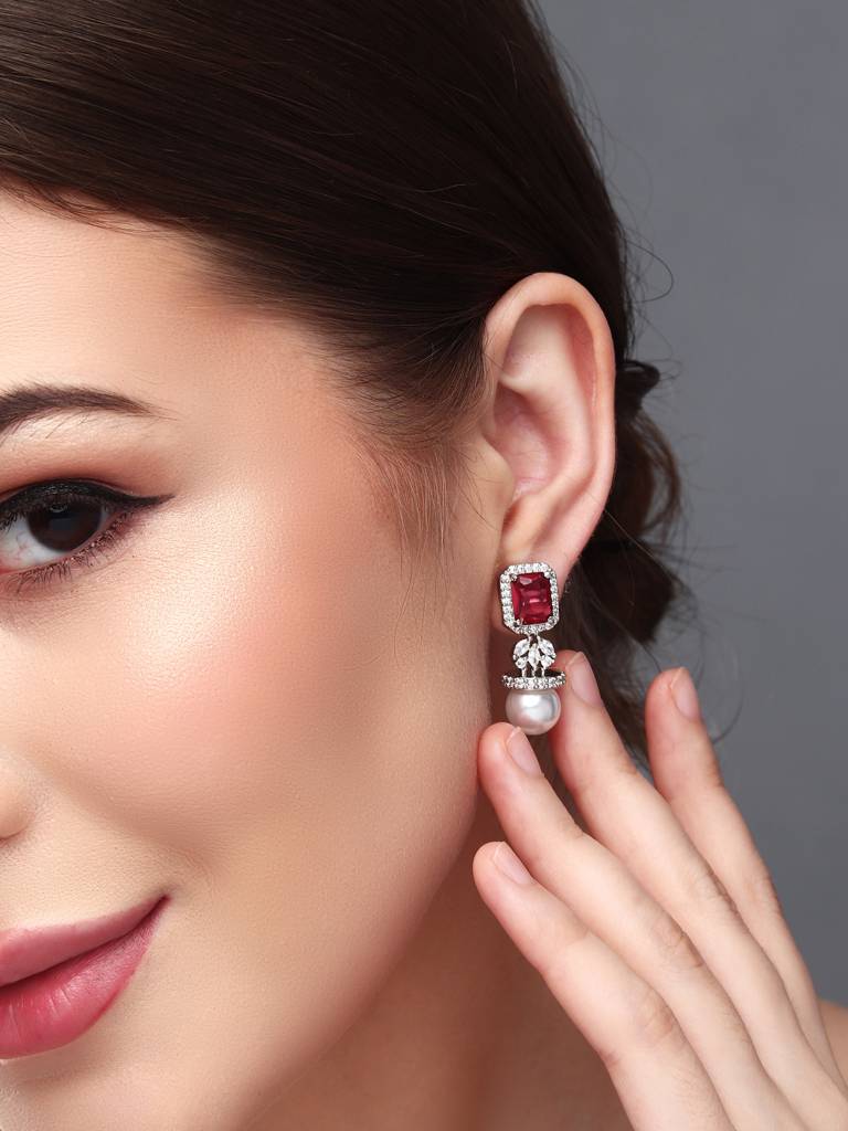 Crystal Halo Pearl Drop Earrings : S24MMER239RED