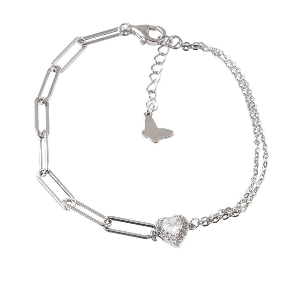925 Silver Heart Cz Paperclip Chain Bracelet : ZIRAK-Bracelet-182