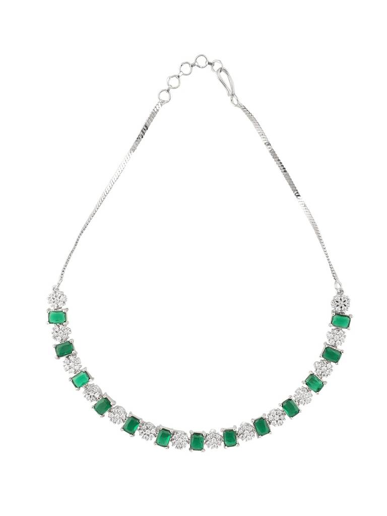 Emerald Green Rectangle Stone Necklace Set With Ad Crystal Drop Earrings For Women : sundarii-JS