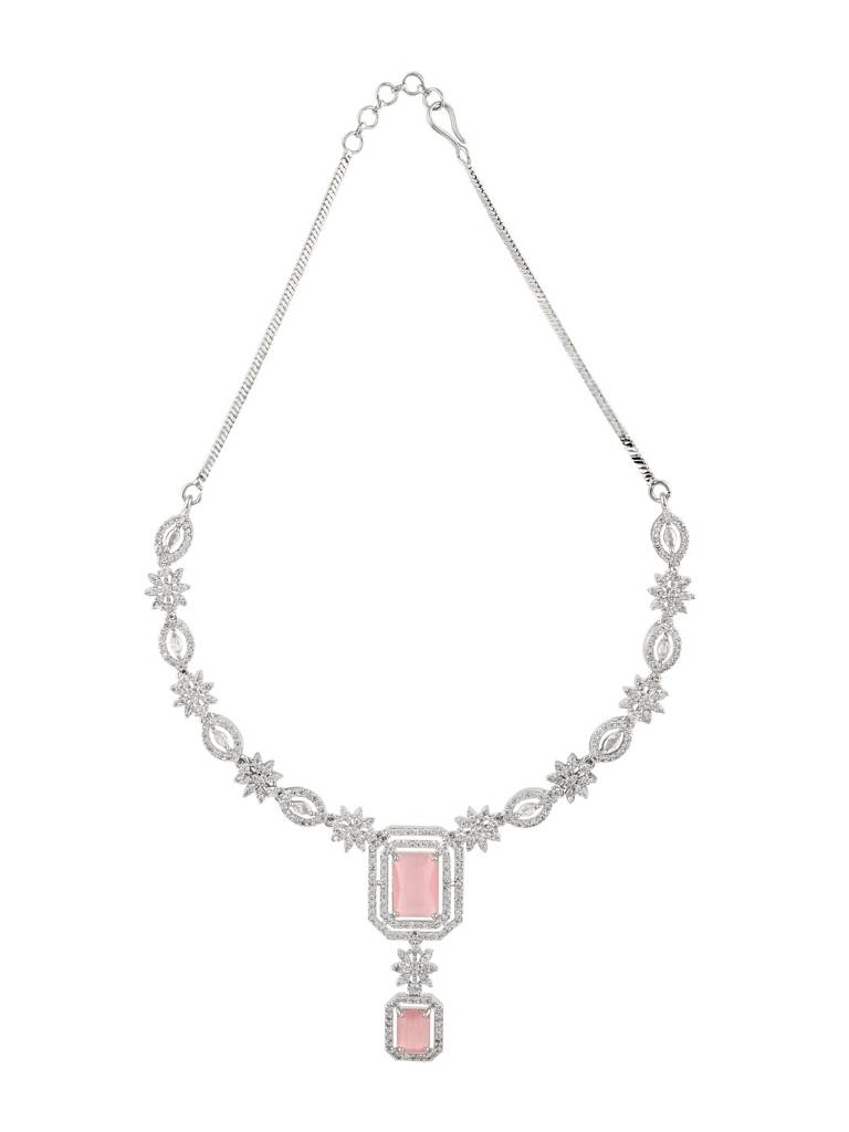 Elegant Pink Stone Necklace Set With Drop Earrings For Women : SUNDARIPINK-JS