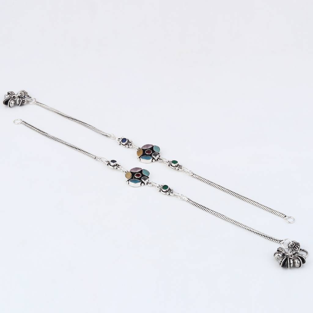 Silver Oxidised Multi-Color Floral Brass Anklet : S24AJAK560SLV