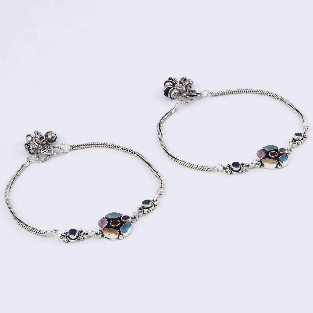 Silver Oxidised Multi-Color Floral Brass Anklet : S24AJAK560SLV