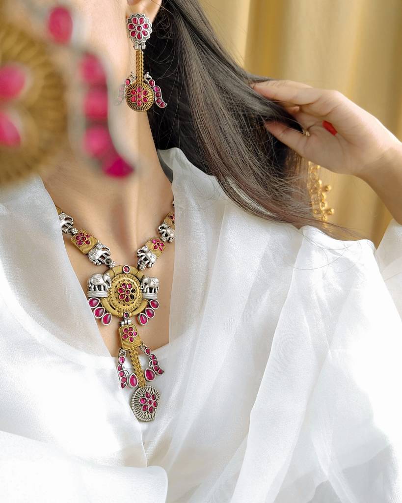 Tribal Dual Tone Elephant Motif Long Necklace : BJ-0795_PK