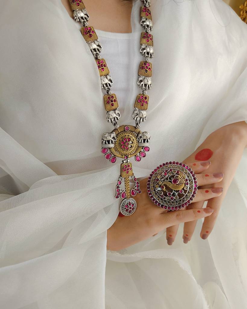 Tribal Dual Tone Elephant Motif Long Necklace : BJ-0795_PK