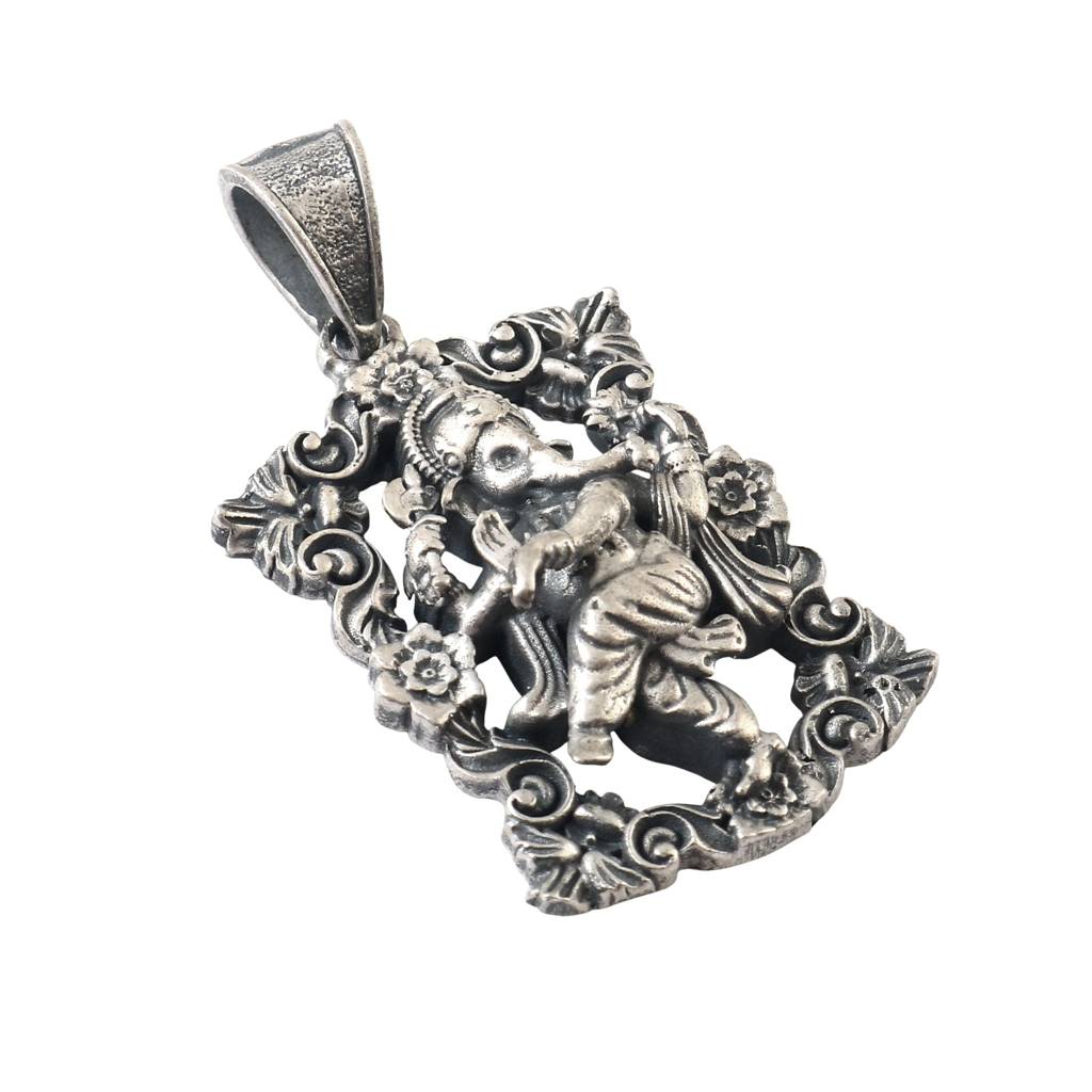 925 Silver Dancing Ganesha Pendant With Ornate Floral Frame : ZIRAK-Pendant-145