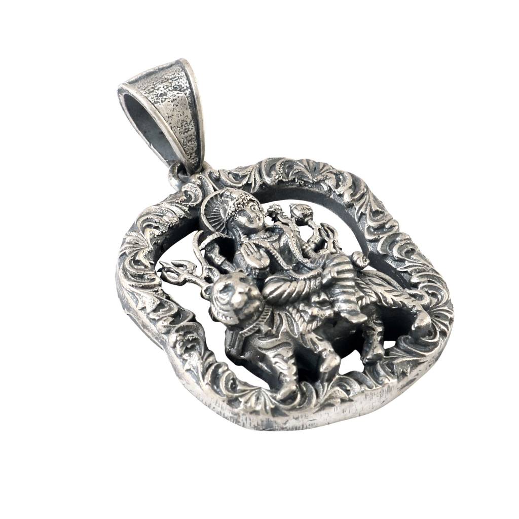 925 Silver Goddess Durga Pendant With Lion – Handcrafted Oxidized Religious Jewelry : ZIRAK-Pendant-146