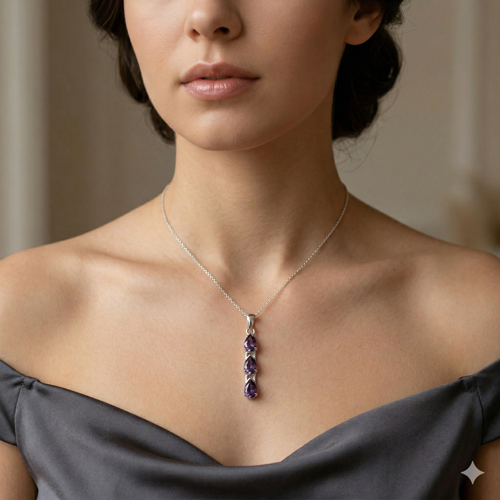 925 Sterling Silver Amethyst Pendant With 18 Inch Chain | Gemstone Pendant Necklace | Handmade Jewelry Gift : FU-0700