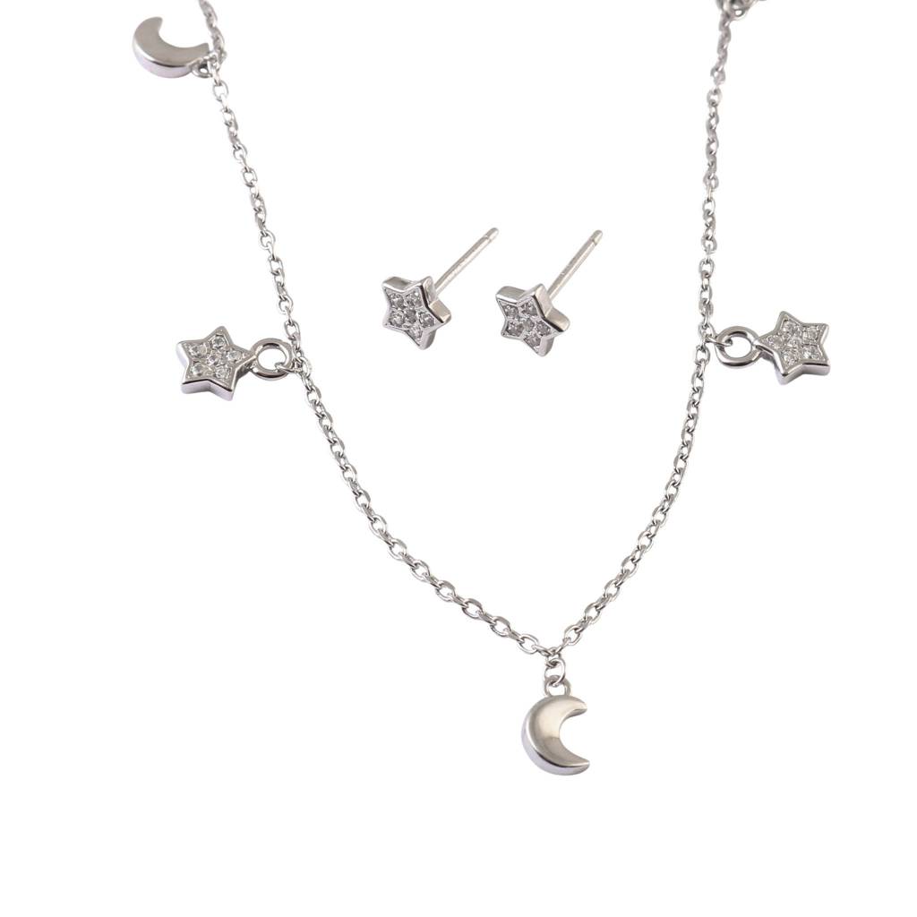 Celestial Star & Moon Silver Necklace With Matching Stud Earrings Set : ZIRAK-Pendant-154
