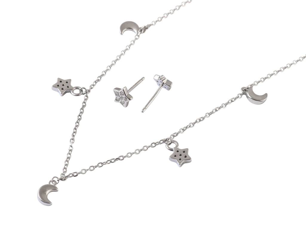 Celestial Star & Moon Silver Necklace With Matching Stud Earrings Set : ZIRAK-Pendant-154