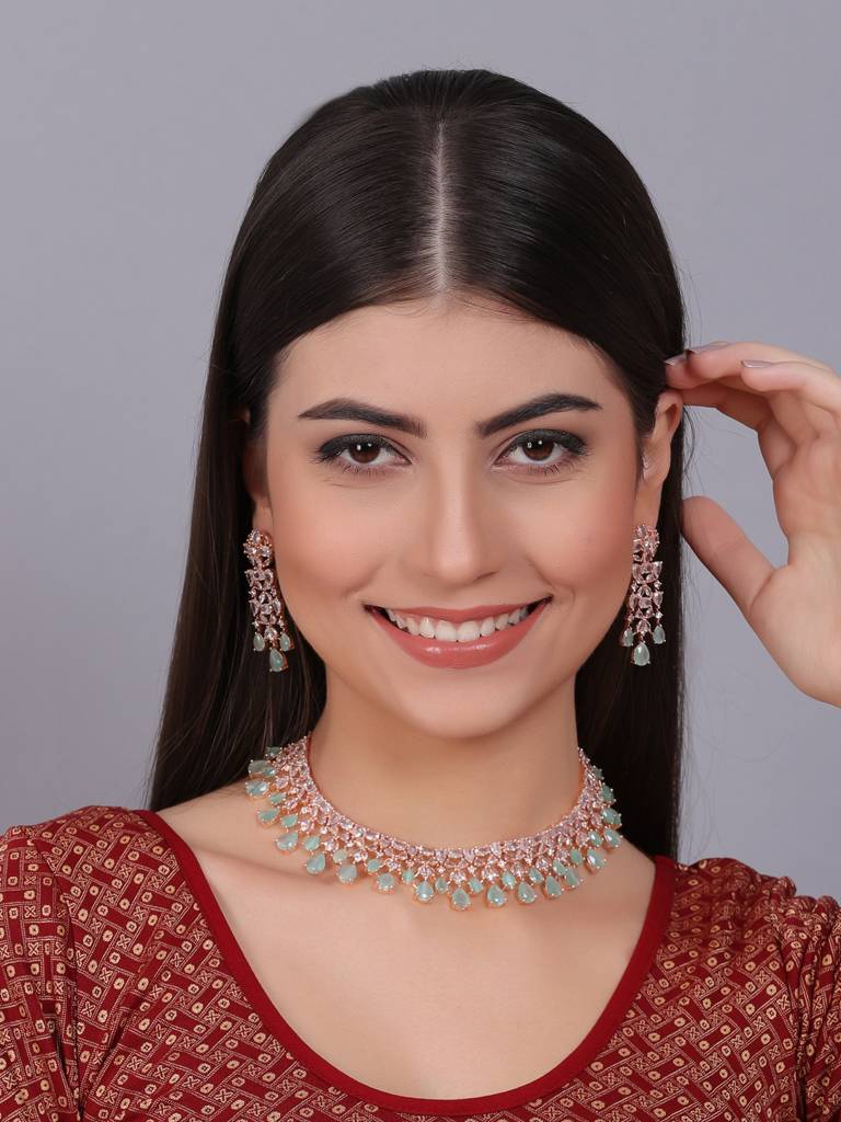 Elegant Silver Plated Cubic Zirconia Party Wear Fusion Necklace Set : AD116RGMint