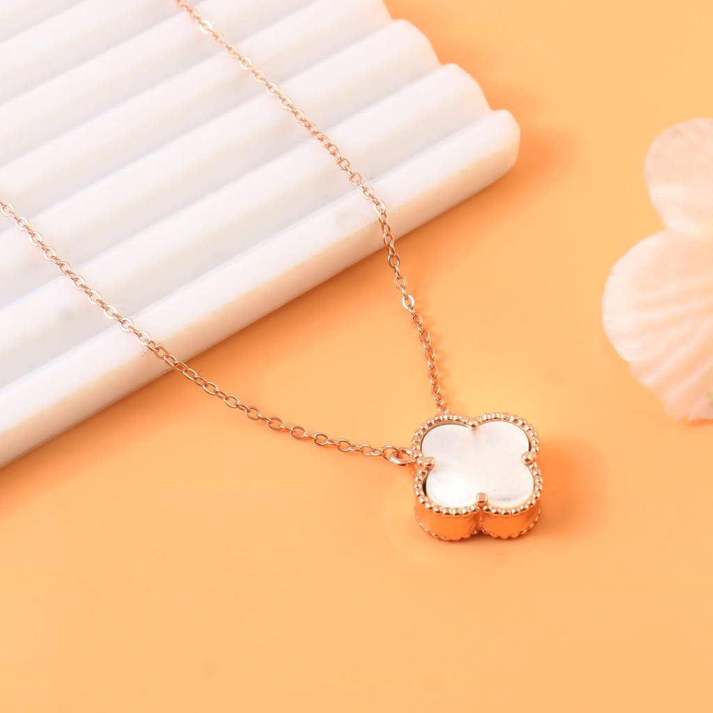 Rose Gold Clover Necklace | Reversible Black & White Mother Of Pearl Pendant | 925 Silver Good Luck Jewelry : ZIRAK-Pendant-111