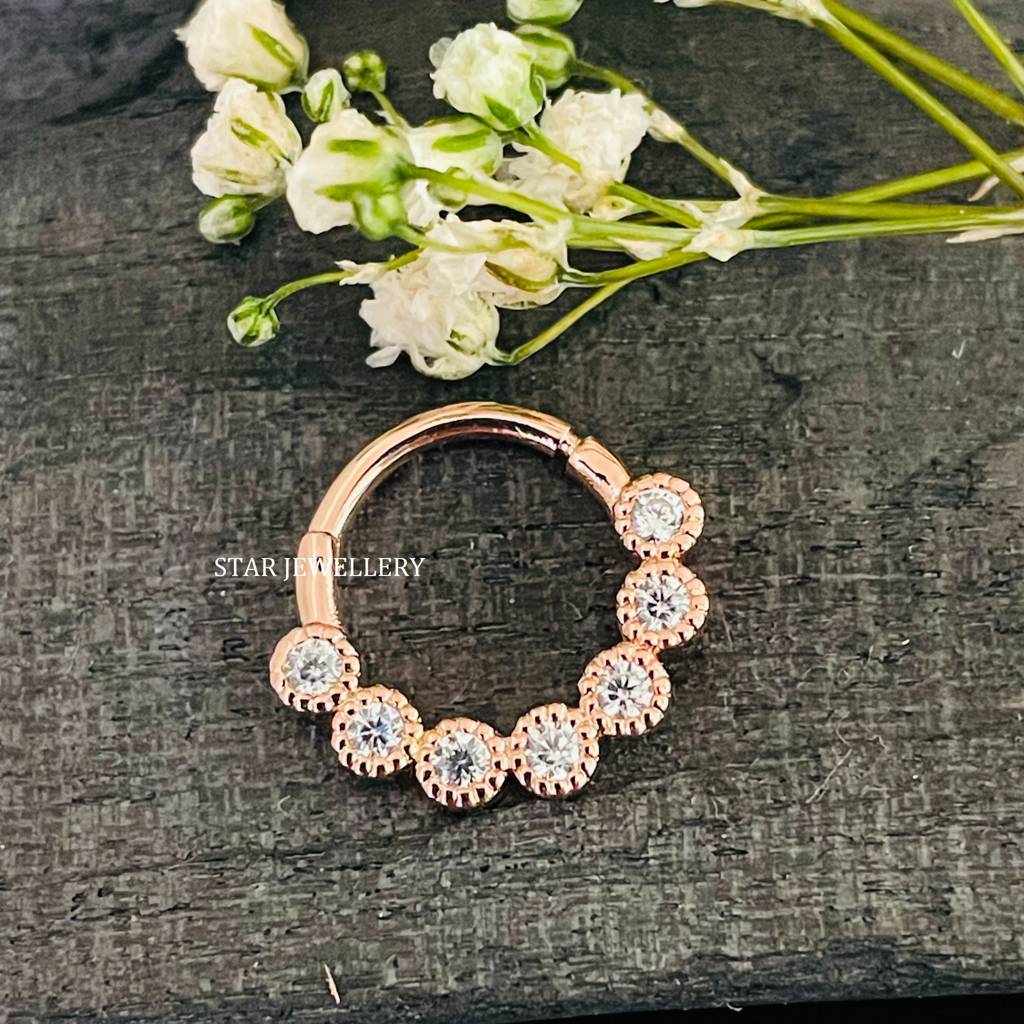 Septum Nose Ring In 925 Sterling Silver Bezel Set Miligrain Moissanite Diamond Daith Piercing : STE27