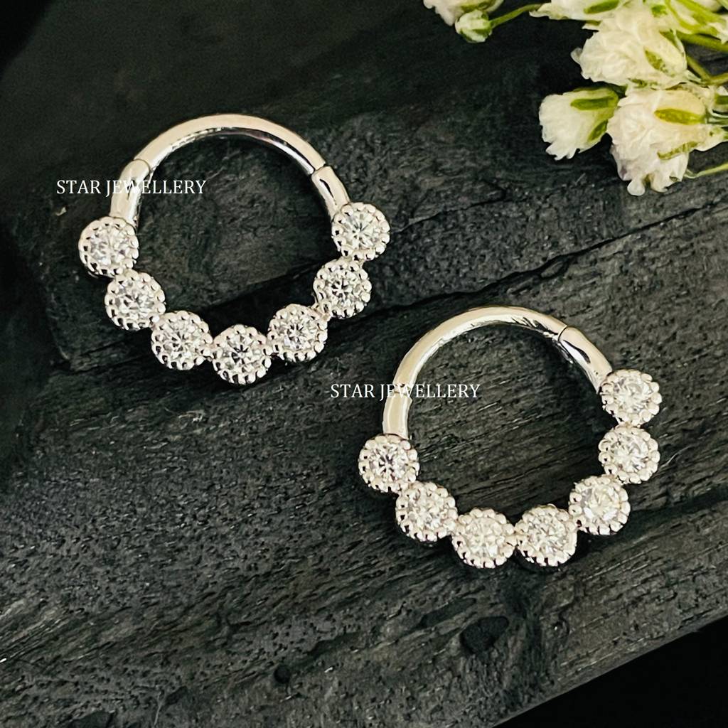 Septum Nose Ring In 925 Sterling Silver Bezel Set Miligrain Moissanite Diamond Daith Piercing : STE27