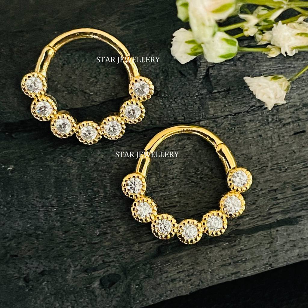 Septum Nose Ring In 925 Sterling Silver Bezel Set Miligrain Moissanite Diamond Daith Piercing : STE27