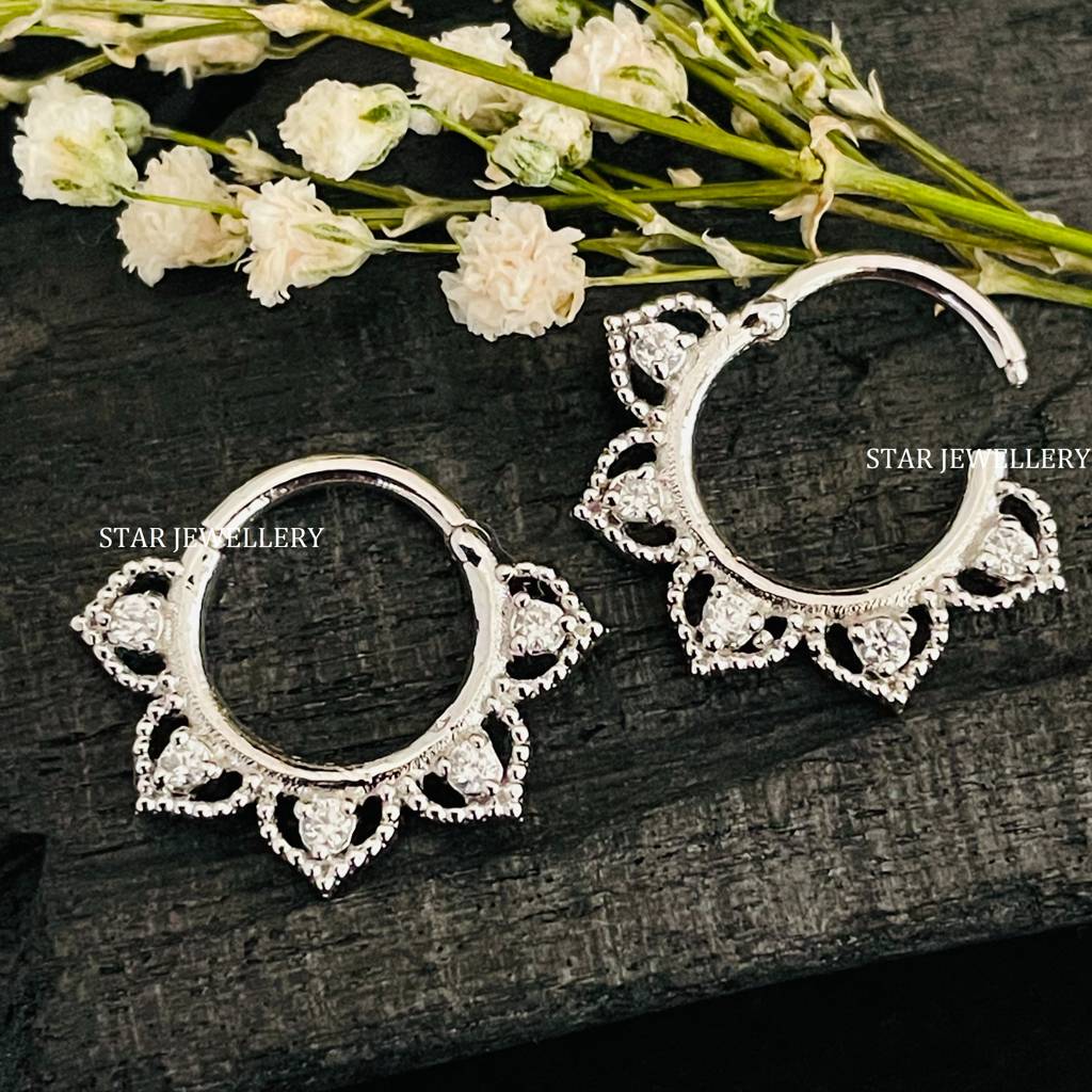 Lotus Bloom 925 Sterling Silver Moissanite Septum Daith Piercing : STE173