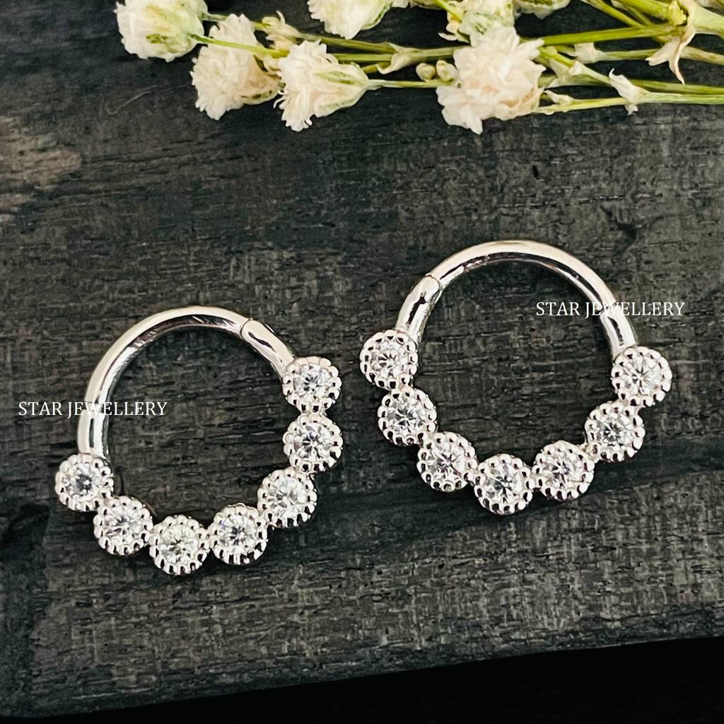 Septum Nose Ring In 925 Sterling Silver Bezel Set Miligrain Moissanite Diamond Daith Piercing : STE27