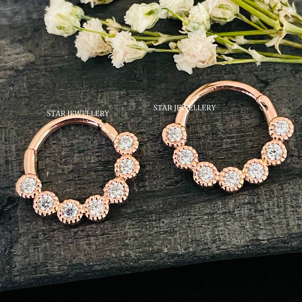 Septum Nose Ring In 925 Sterling Silver Bezel Set Miligrain Moissanite Diamond Daith Piercing : STE27