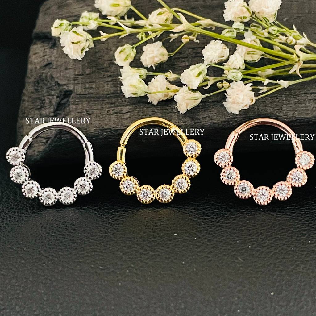 Septum Nose Ring In 925 Sterling Silver Bezel Set Miligrain Moissanite Diamond Daith Piercing : STE27