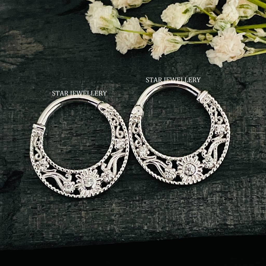 Septum Nose Ring In 925 Sterling Silver With Moissanite Diamond  Miligrain Daith Piercing : STE43