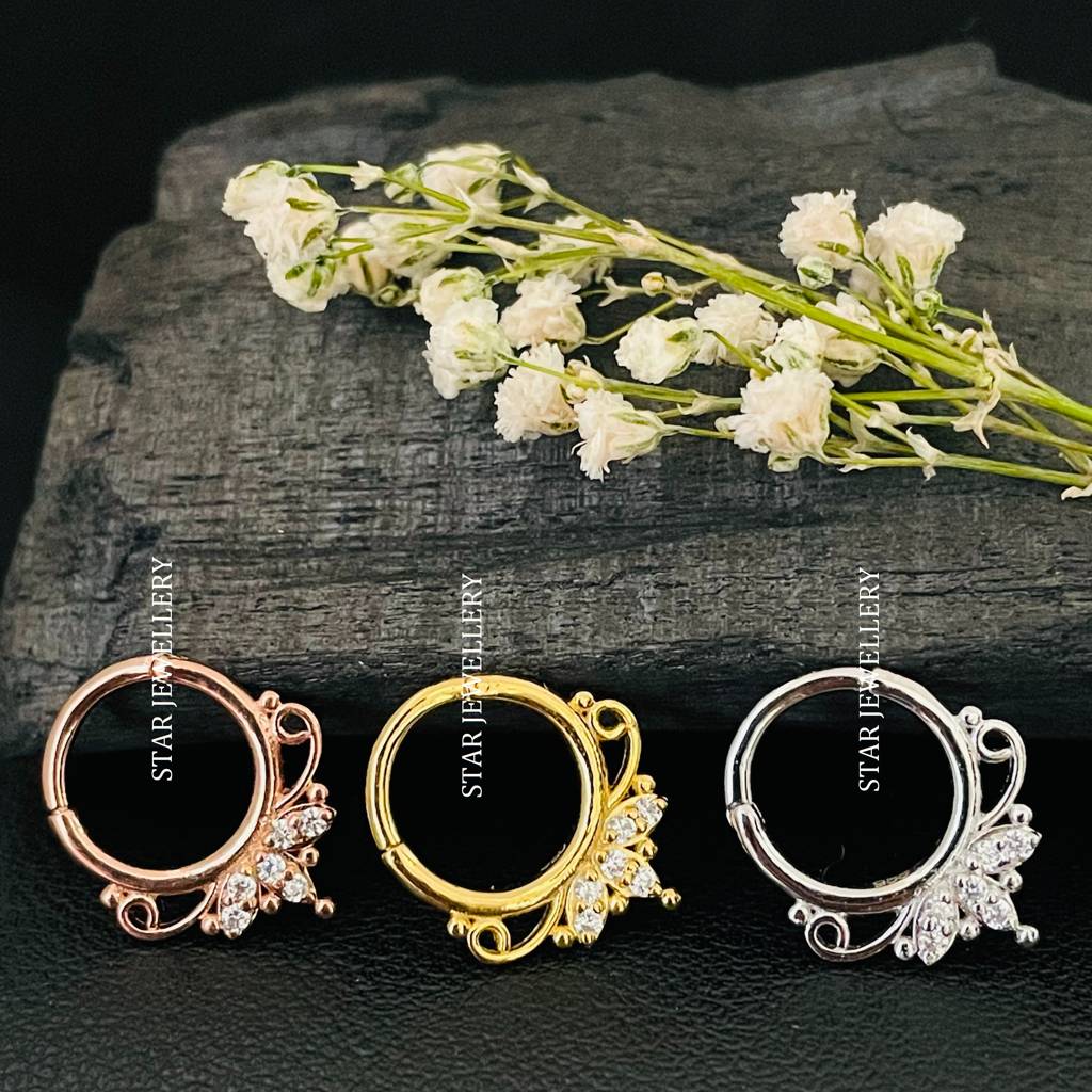 925 Sterling Silver Marquise Shape Moissanite Diamond Daith Piercing Septum Nose Ring : STE32