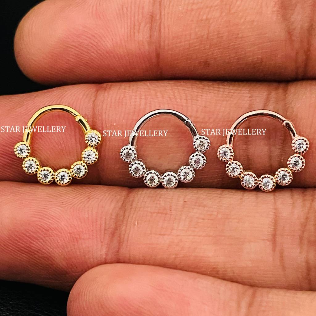 Septum Nose Ring In 925 Sterling Silver Bezel Set Miligrain Moissanite Diamond Daith Piercing : STE27