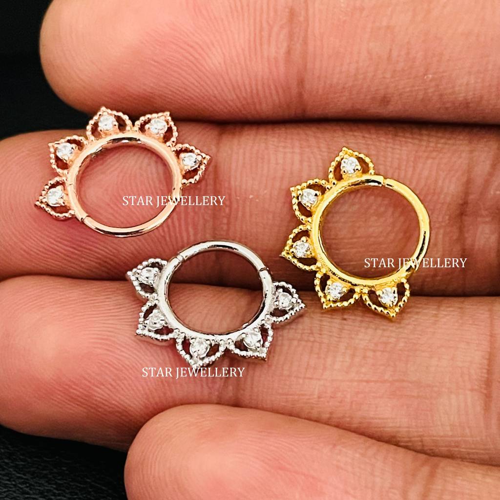 Lotus Bloom 925 Sterling Silver Moissanite Septum Daith Piercing : STE173