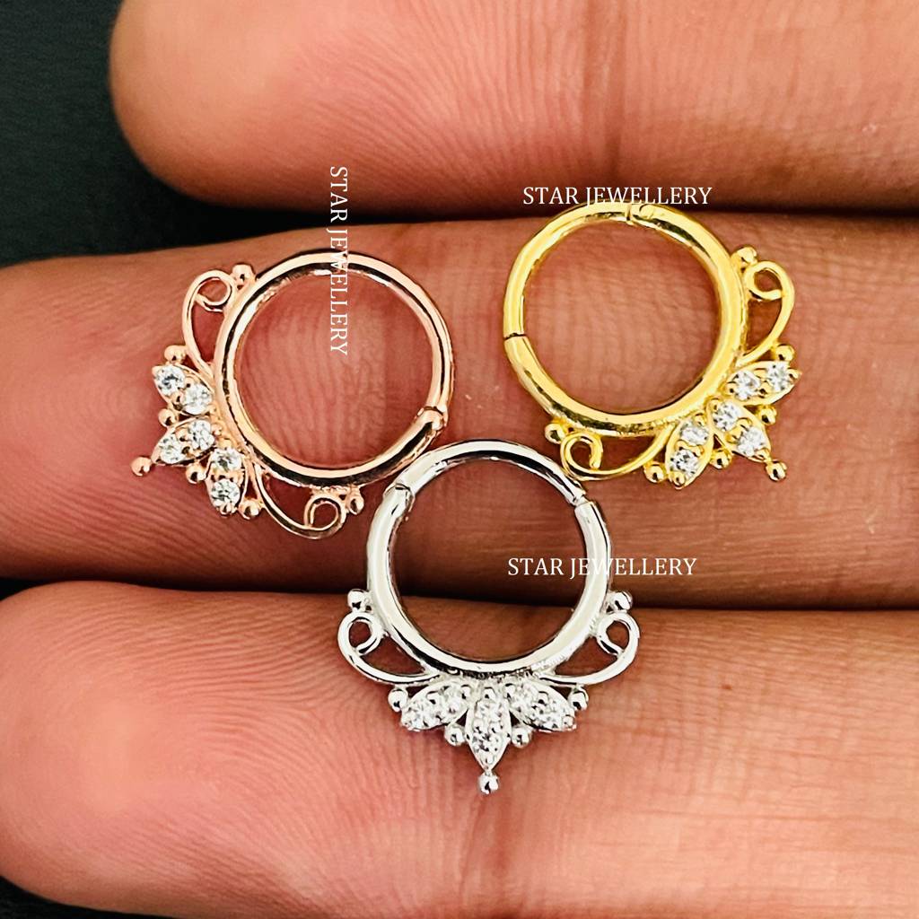 925 Sterling Silver Marquise Shape Moissanite Diamond Daith Piercing Septum Nose Ring : STE32