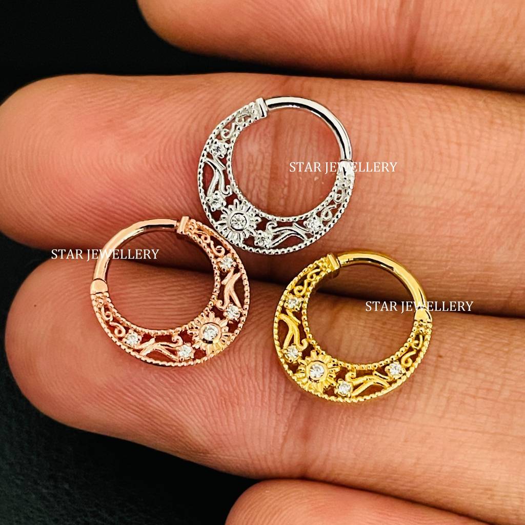 Septum Nose Ring In 925 Sterling Silver With Moissanite Diamond  Miligrain Daith Piercing : STE43