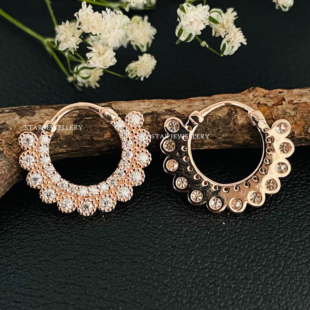 925 Sterling Silver Yellow Gold Plated  Set Moissanite Diamond Miligrain Septum Nose Ring : STE162
