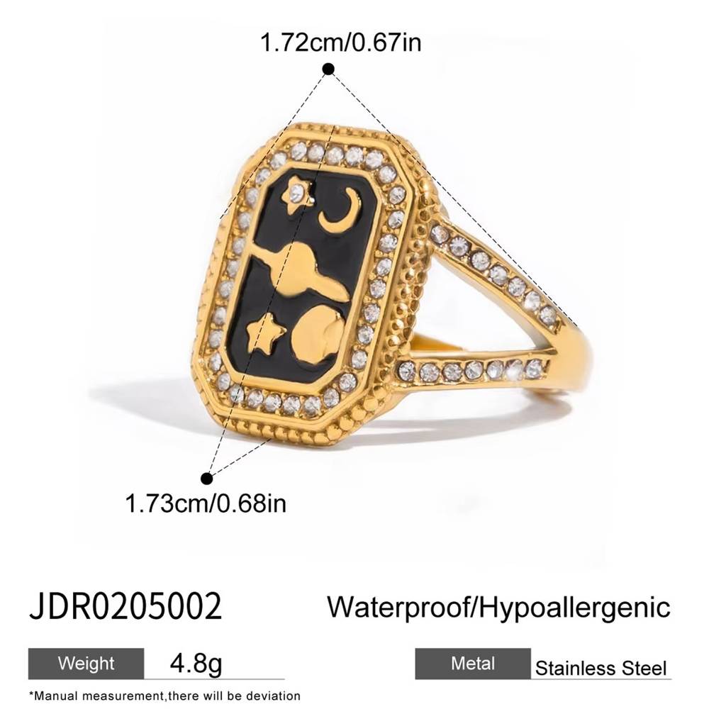 18K Gold Plated Anti-Tarnish Black Enamel Starry Night Signet Ring : RING-673