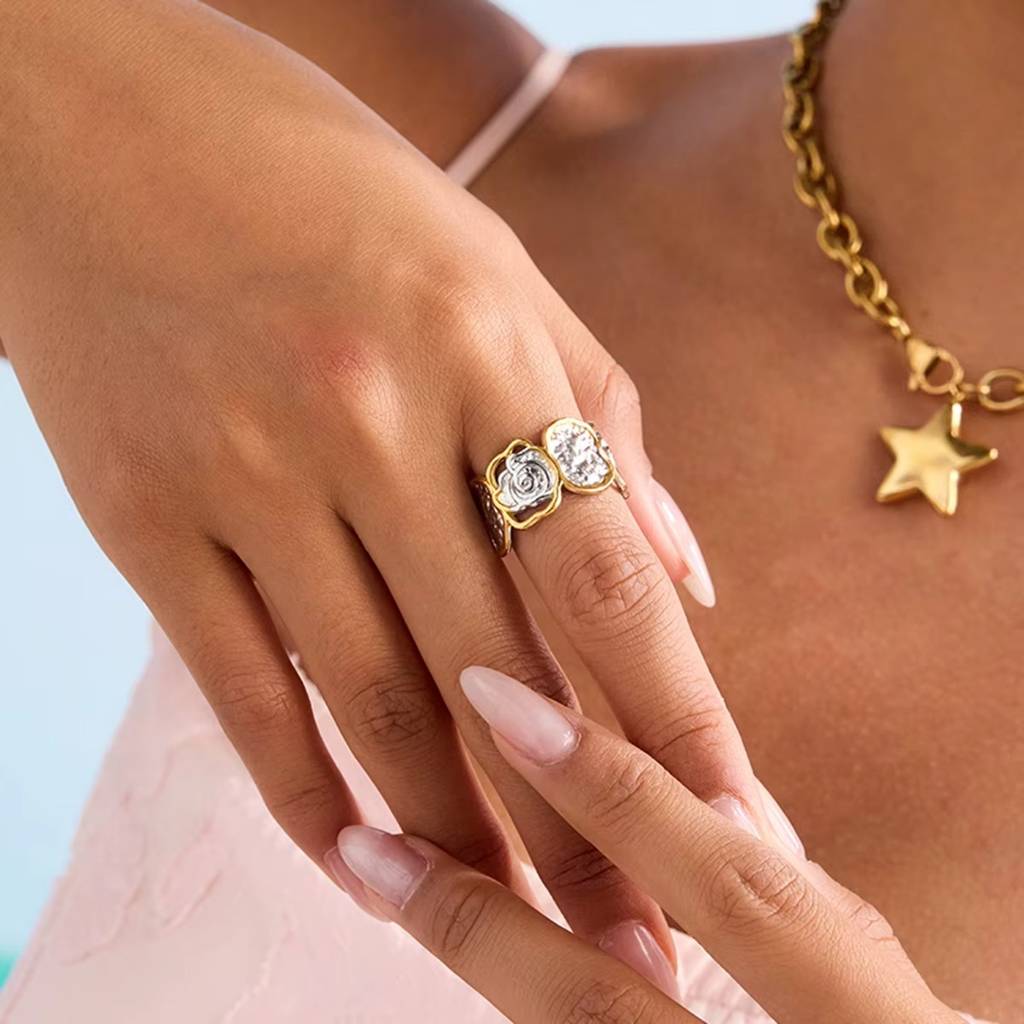 18K Gold Plated Anti-Tarnish Floral Aura Dual-Tone Ring : RIN-930