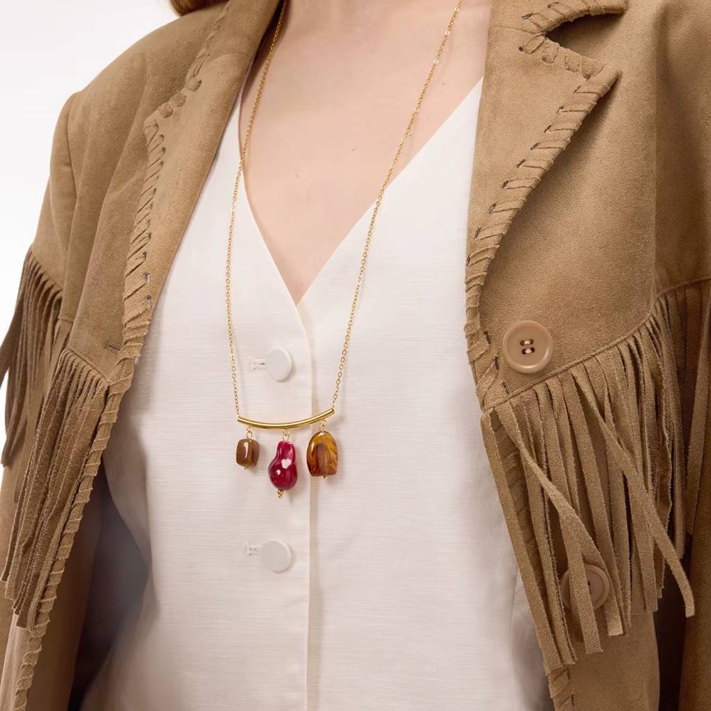 18K Gold Plated Anti-Tarnish Red Natural Stone Long Chain Necklace : NEC-735