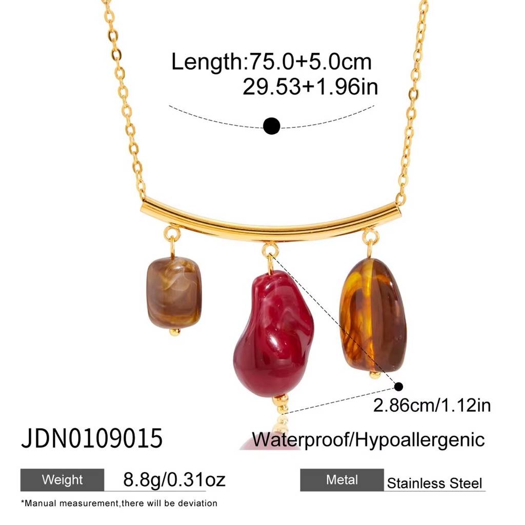18K Gold Plated Anti-Tarnish Red Natural Stone Long Chain Necklace : NEC-735