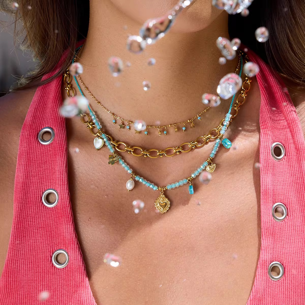 Candy Necklace, 18Kt Gold Plated Stainless Steel Heart, Beads And Butterfly Charm Rope Necklace : INCANDY