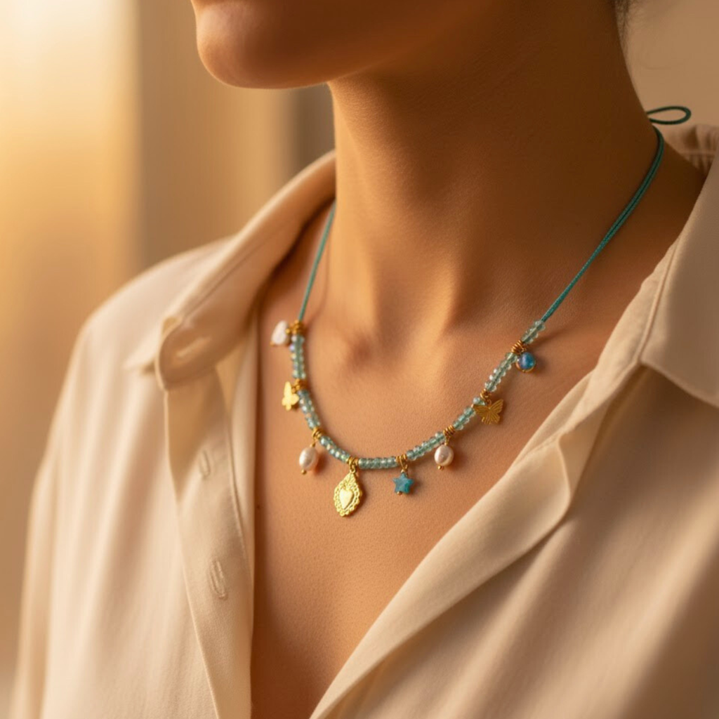 Candy Necklace, 18Kt Gold Plated Stainless Steel Heart, Beads And Butterfly Charm Rope Necklace : INCANDY