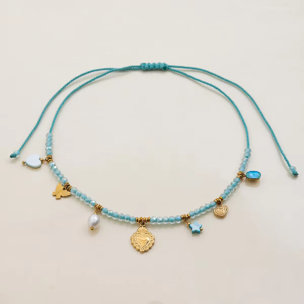 Candy Necklace, 18Kt Gold Plated Stainless Steel Heart, Beads And Butterfly Charm Rope Necklace : INCANDY