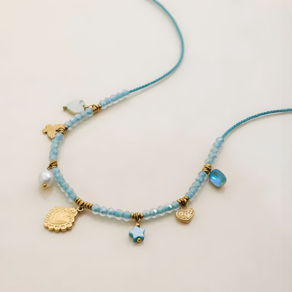 Candy Necklace, 18Kt Gold Plated Stainless Steel Heart, Beads And Butterfly Charm Rope Necklace : INCANDY
